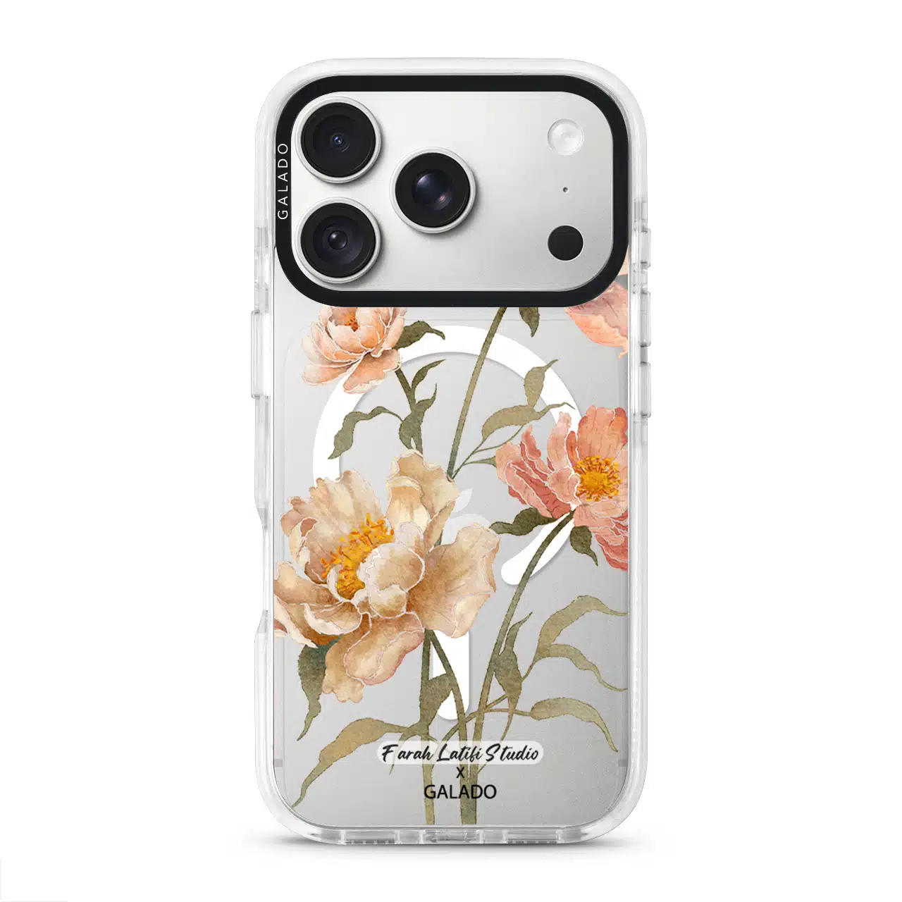 Peony phone case by Farah Latifi Studio, peach and coral peonies on a clear case