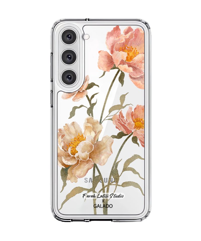 Peony phone case by Farah Latifi Studio, peach and coral peonies on a clear case
