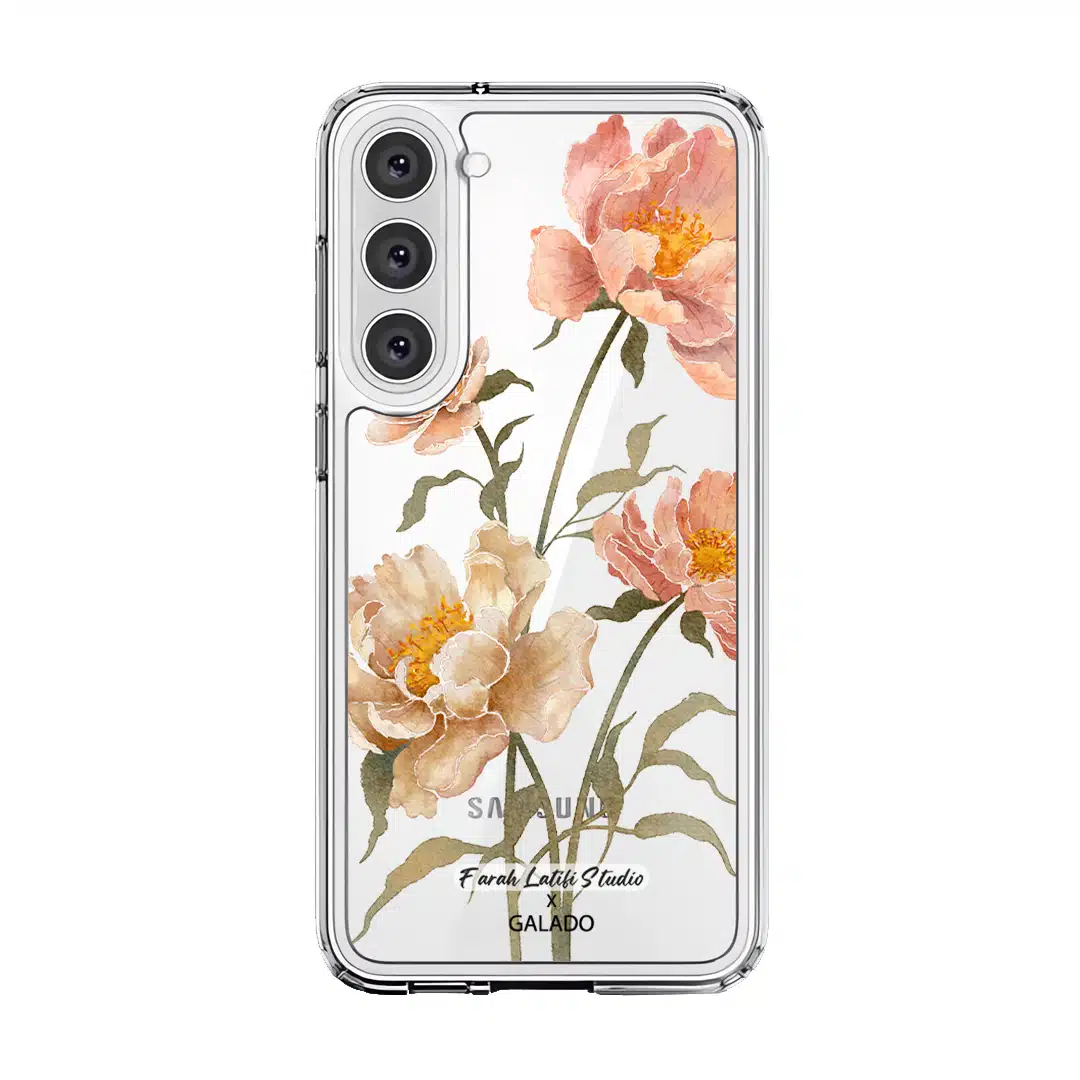 Peony phone case by Farah Latifi Studio, peach and coral peonies on a clear case
