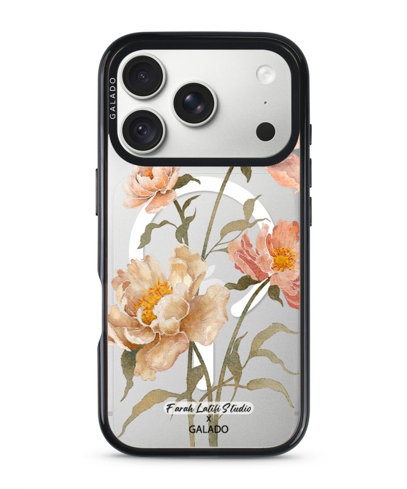 Peony phone case by Farah Latifi Studio, peach and coral peonies on a clear case