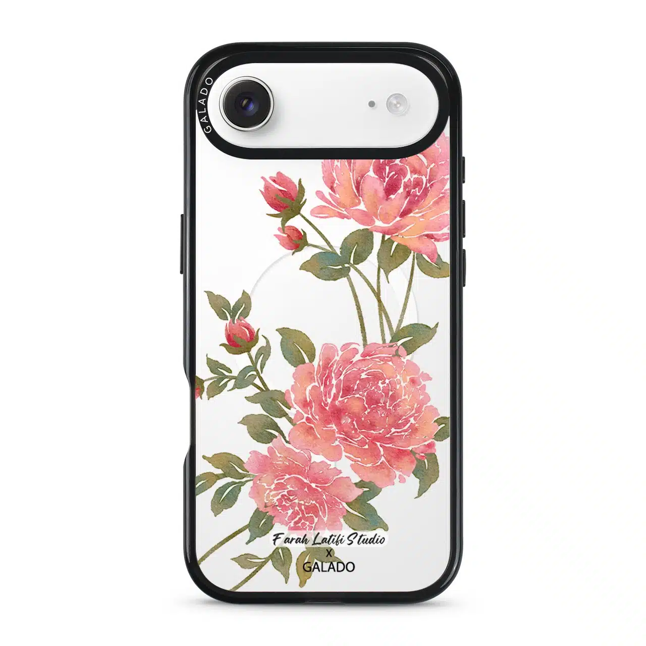 Rose phone case by Farah Latifi Studio, pink roses and buds on a clear case