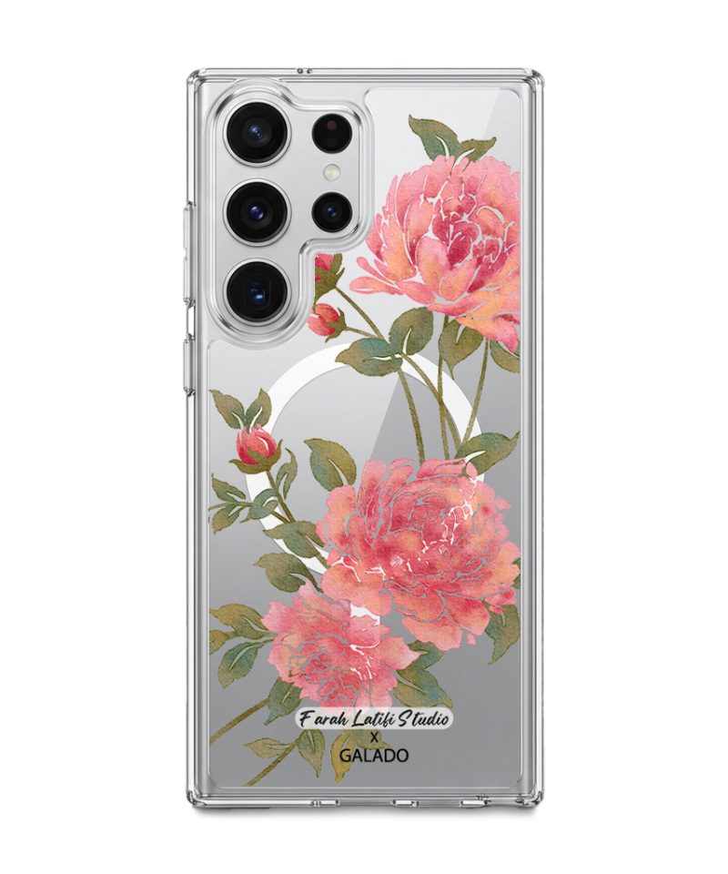 Rose phone case by Farah Latifi Studio, pink roses and buds on a clear case