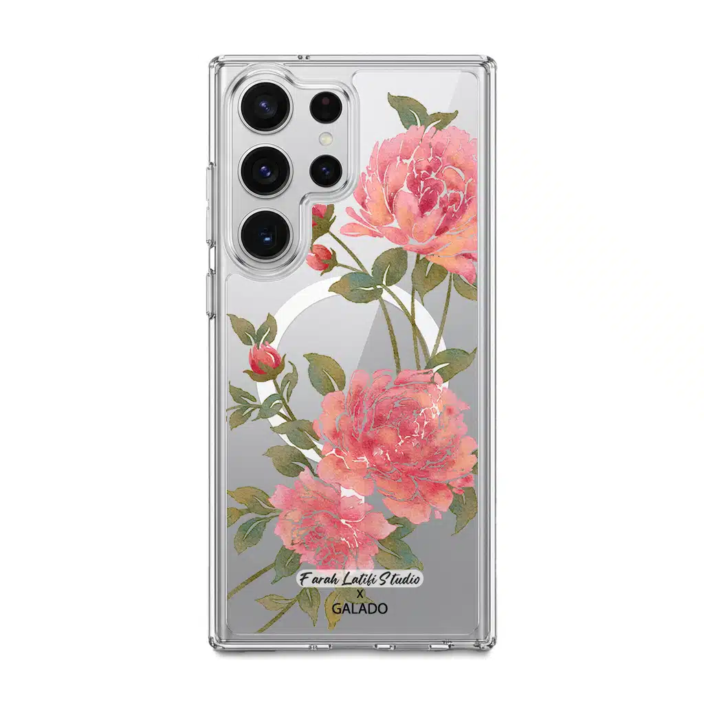 Rose phone case by Farah Latifi Studio, pink roses and buds on a clear case