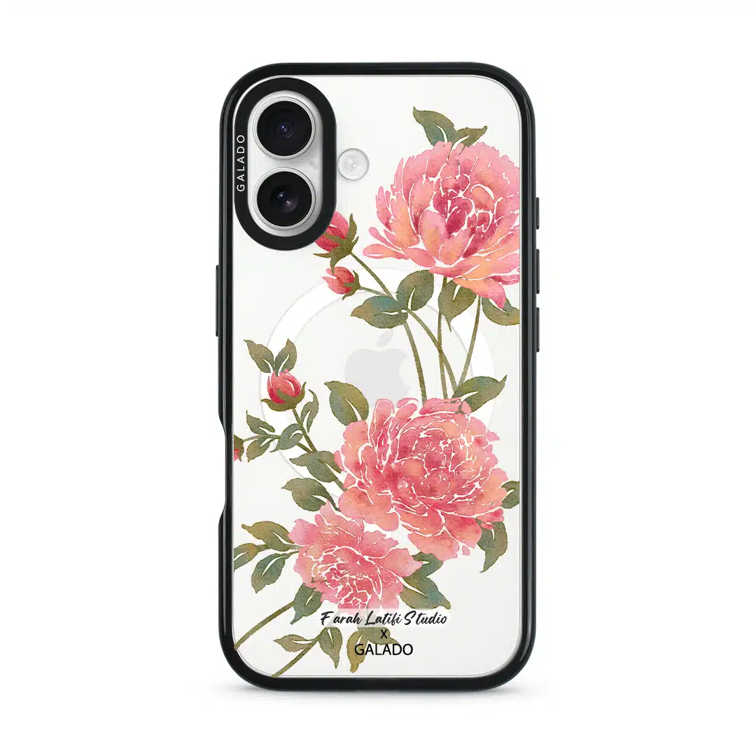 Rose phone case by Farah Latifi Studio, pink roses and buds on a clear case