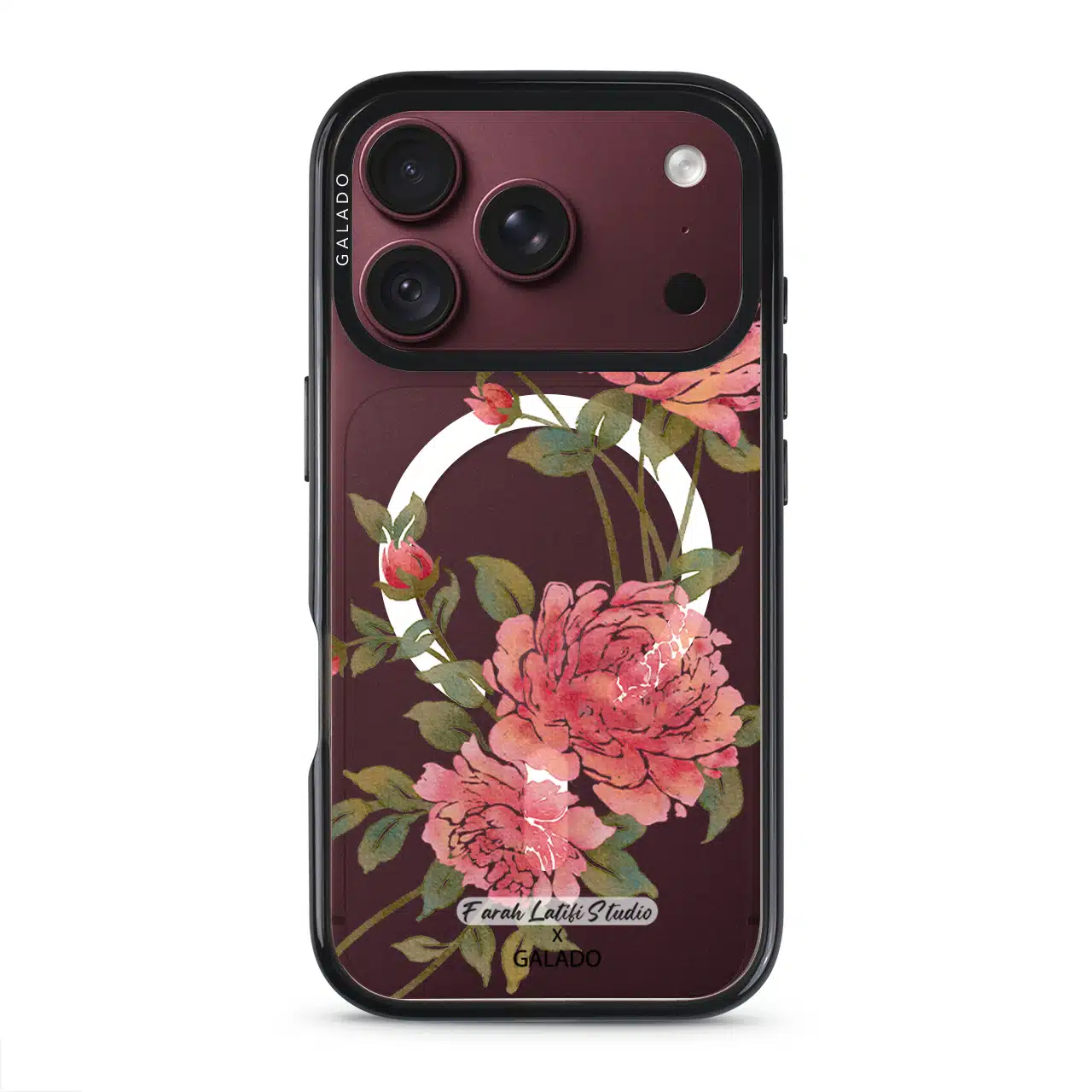 Rose phone case by Farah Latifi Studio, pink roses and buds on a clear case