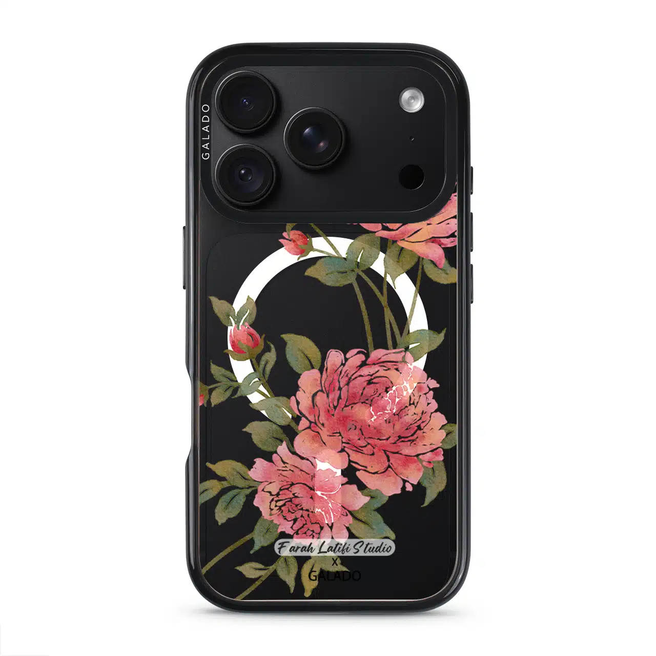 Rose phone case by Farah Latifi Studio, pink roses and buds on a clear case