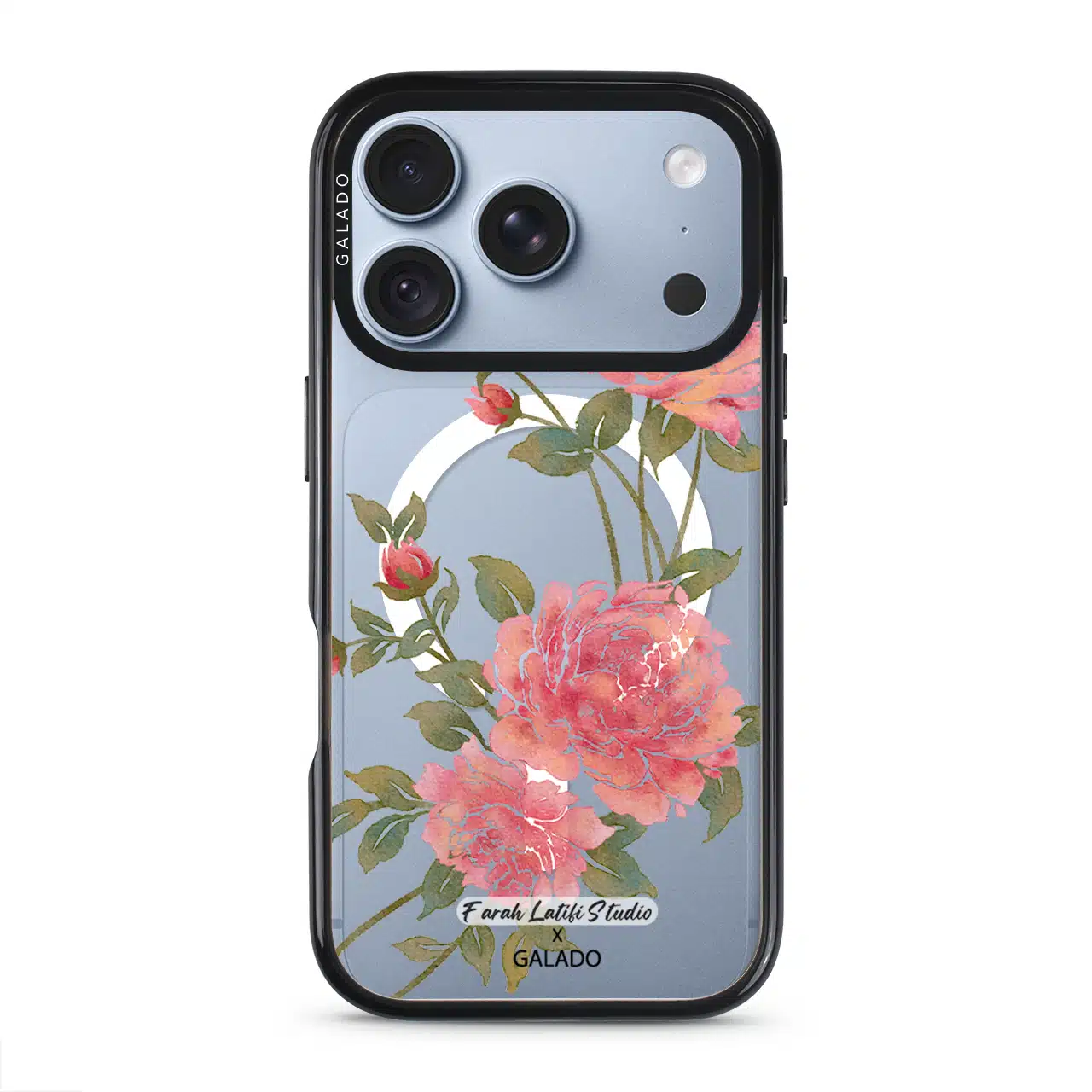 Rose phone case by Farah Latifi Studio, pink roses and buds on a clear case