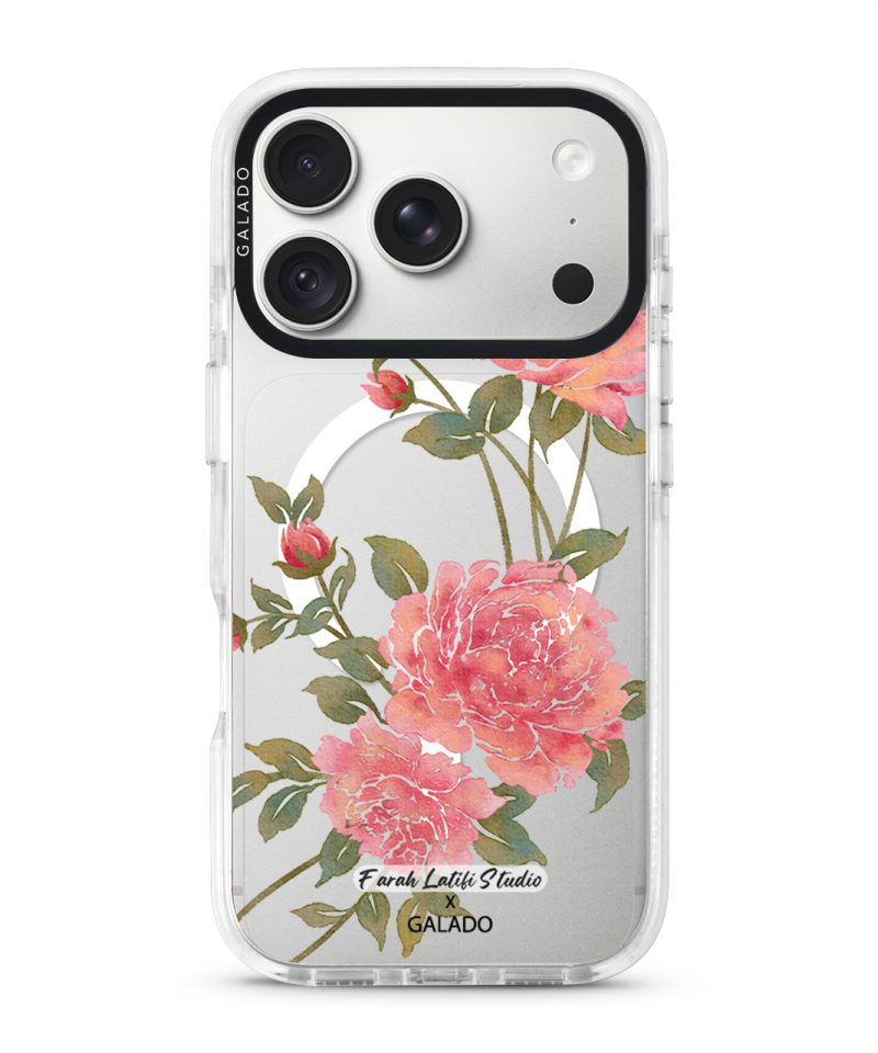 Rose phone case by Farah Latifi Studio, pink roses and buds on a clear case