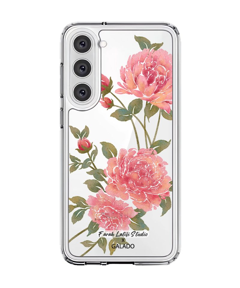 Rose phone case by Farah Latifi Studio, pink roses and buds on a clear case