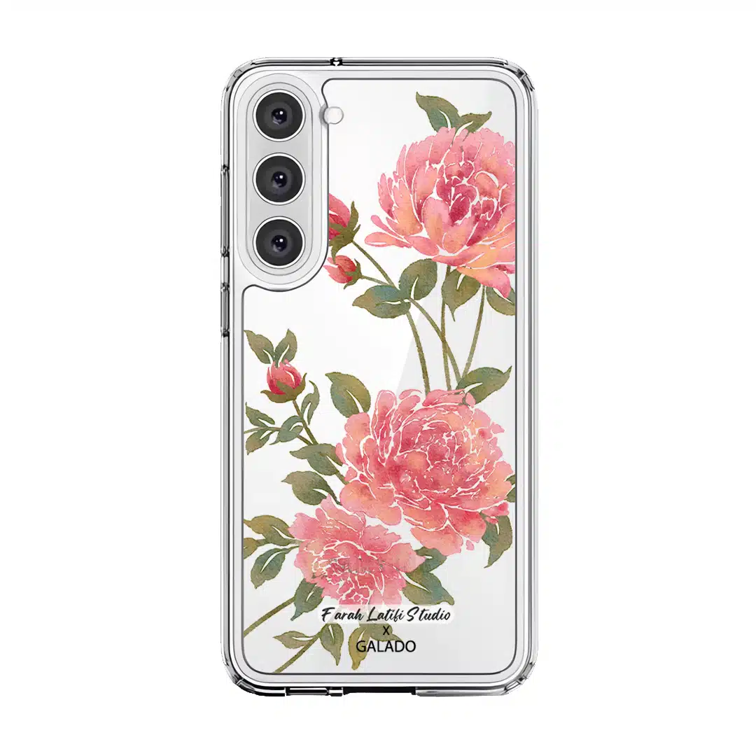 Rose phone case by Farah Latifi Studio, pink roses and buds on a clear case