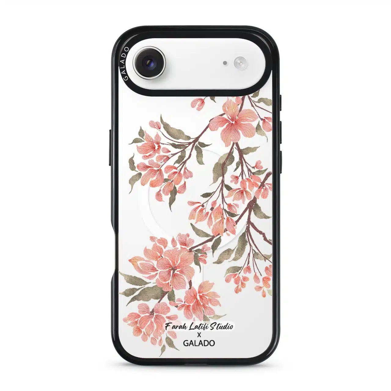 Sakura phone case by Farah Latifi Studio, pink cherry blossom branches on a clear case