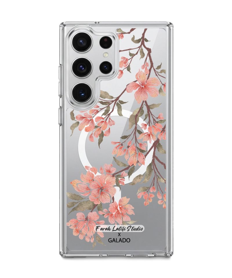 Sakura phone case by Farah Latifi Studio, pink cherry blossom branches on a clear case