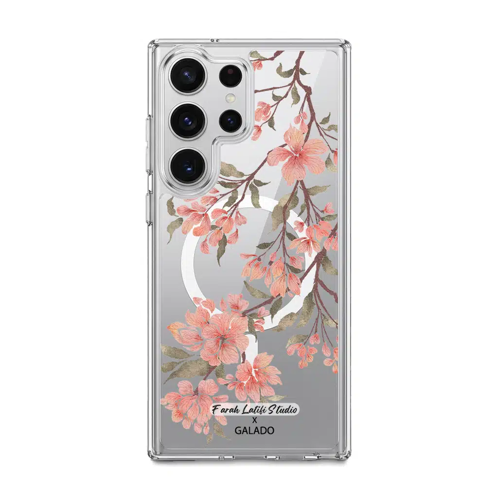 Sakura phone case by Farah Latifi Studio, pink cherry blossom branches on a clear case