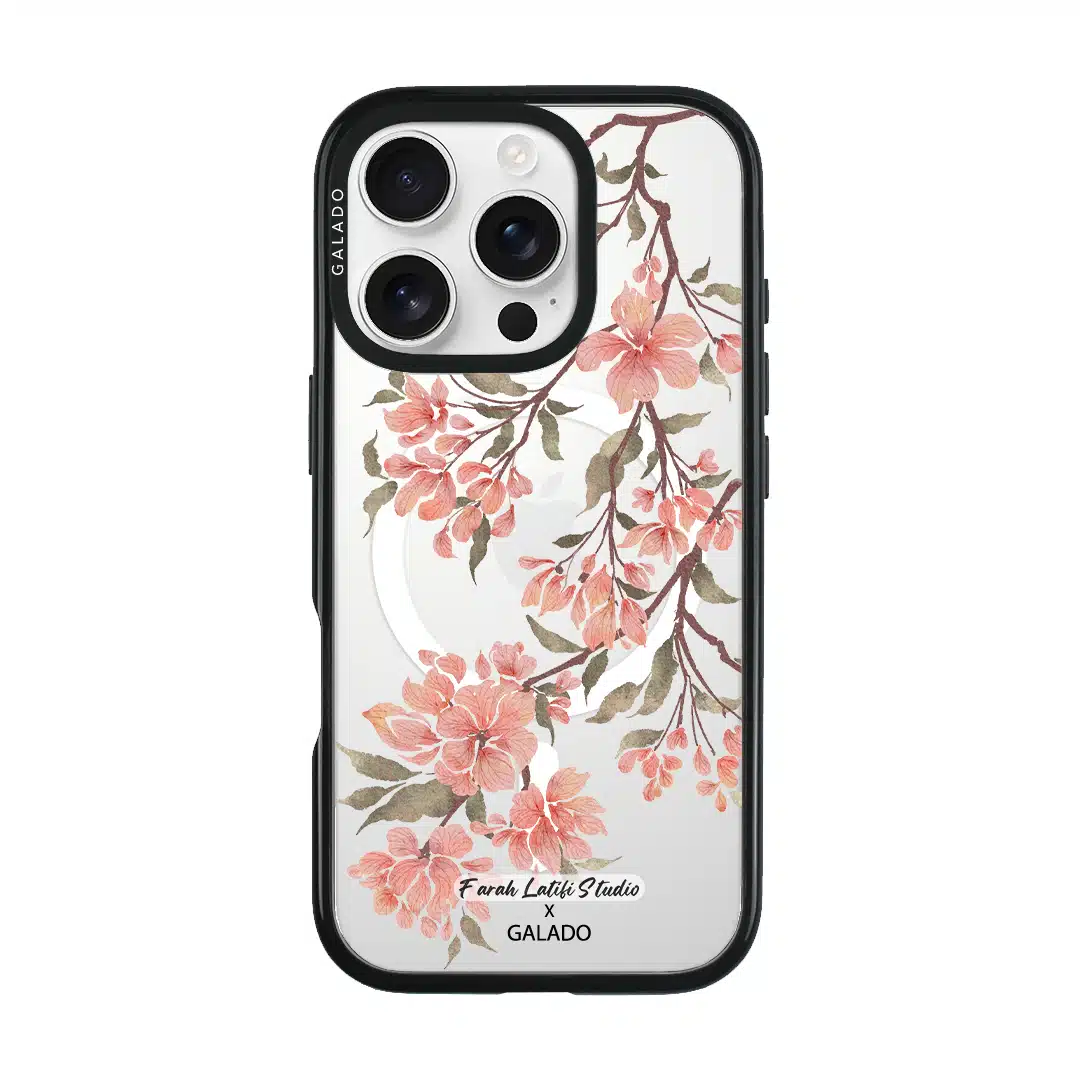 Sakura phone case by Farah Latifi Studio, pink cherry blossom branches on a clear case