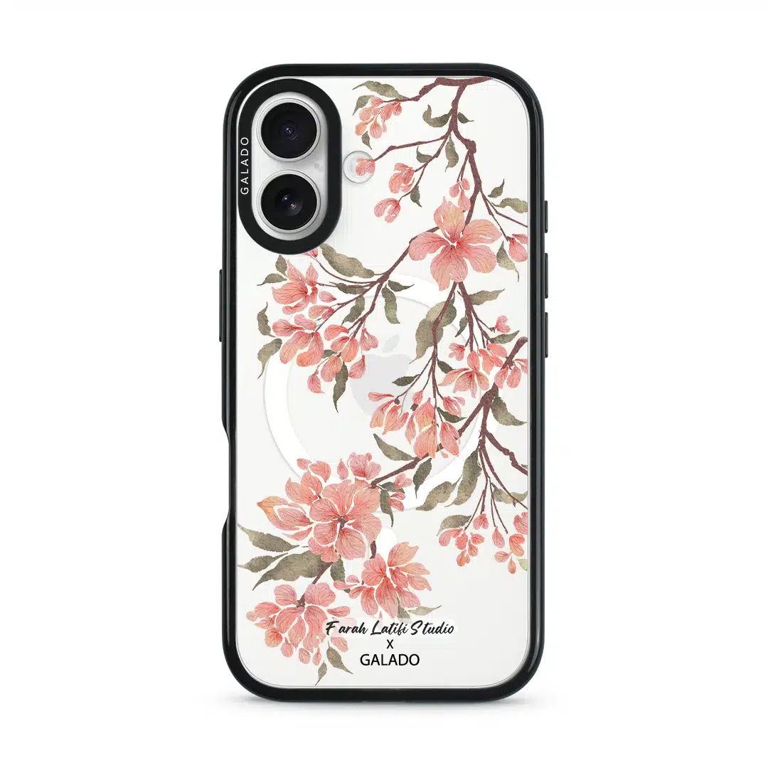 Sakura phone case by Farah Latifi Studio, pink cherry blossom branches on a clear case