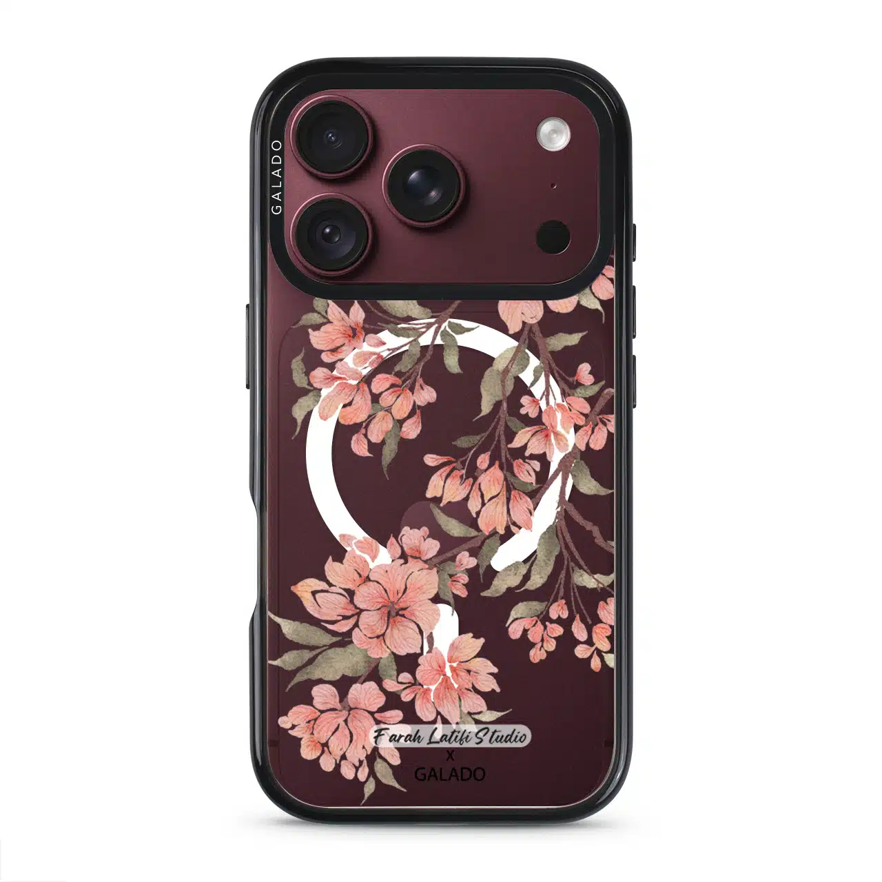 Sakura phone case by Farah Latifi Studio, pink cherry blossom branches on a clear case