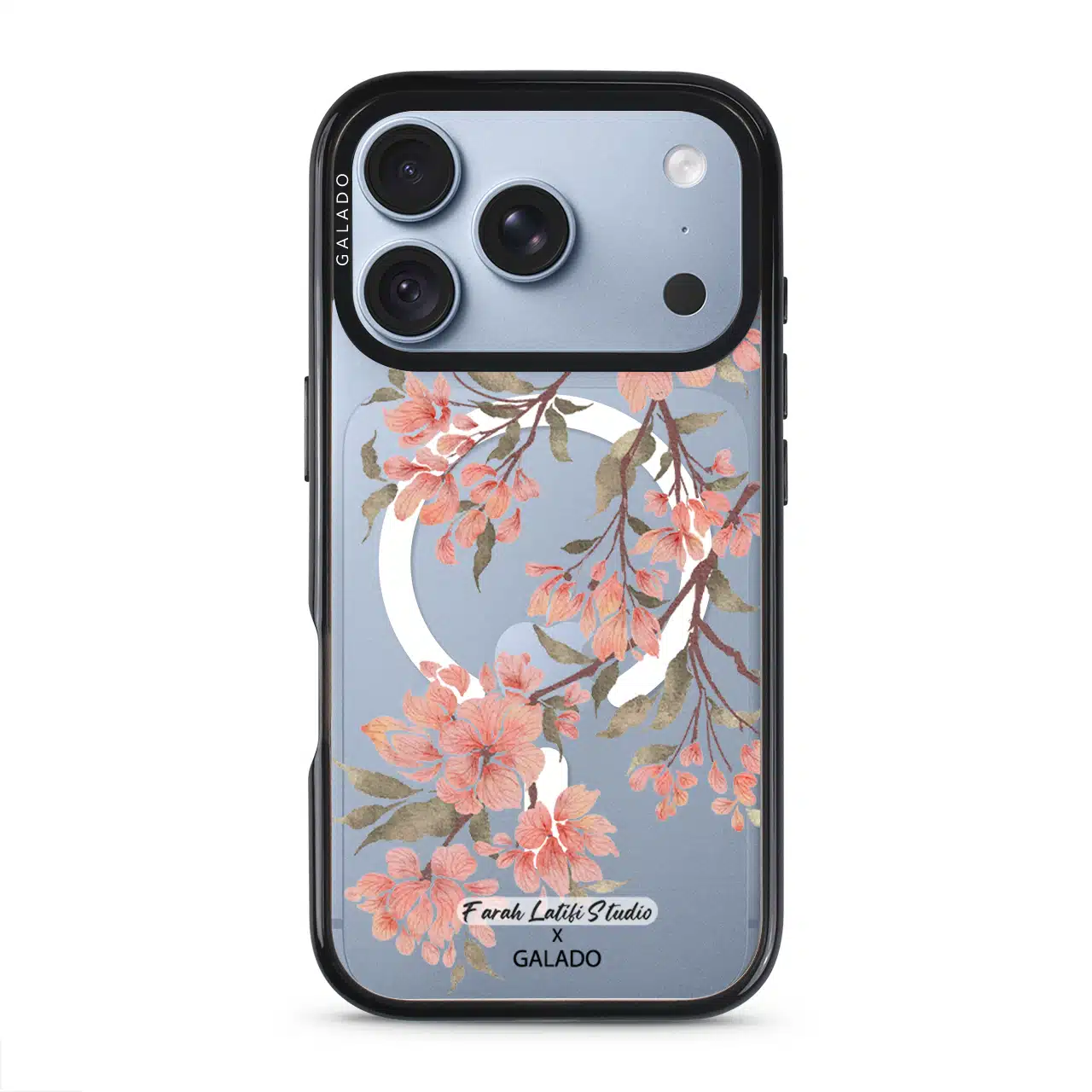Sakura phone case by Farah Latifi Studio, pink cherry blossom branches on a clear case