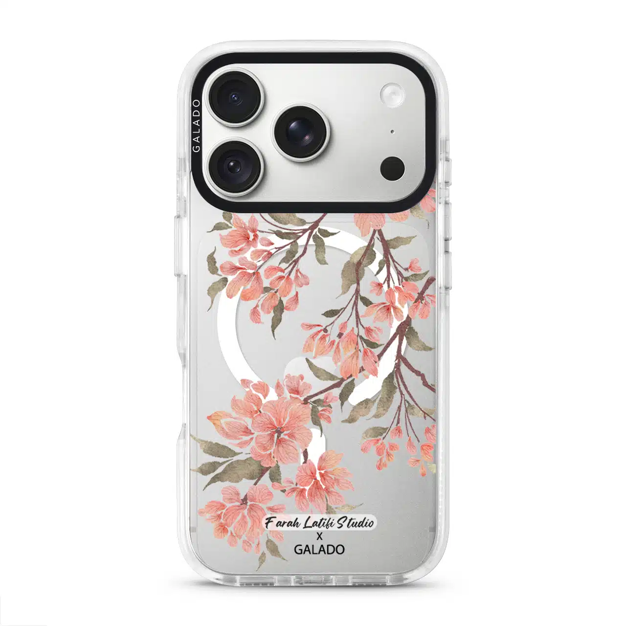 Sakura phone case by Farah Latifi Studio, pink cherry blossom branches on a clear case