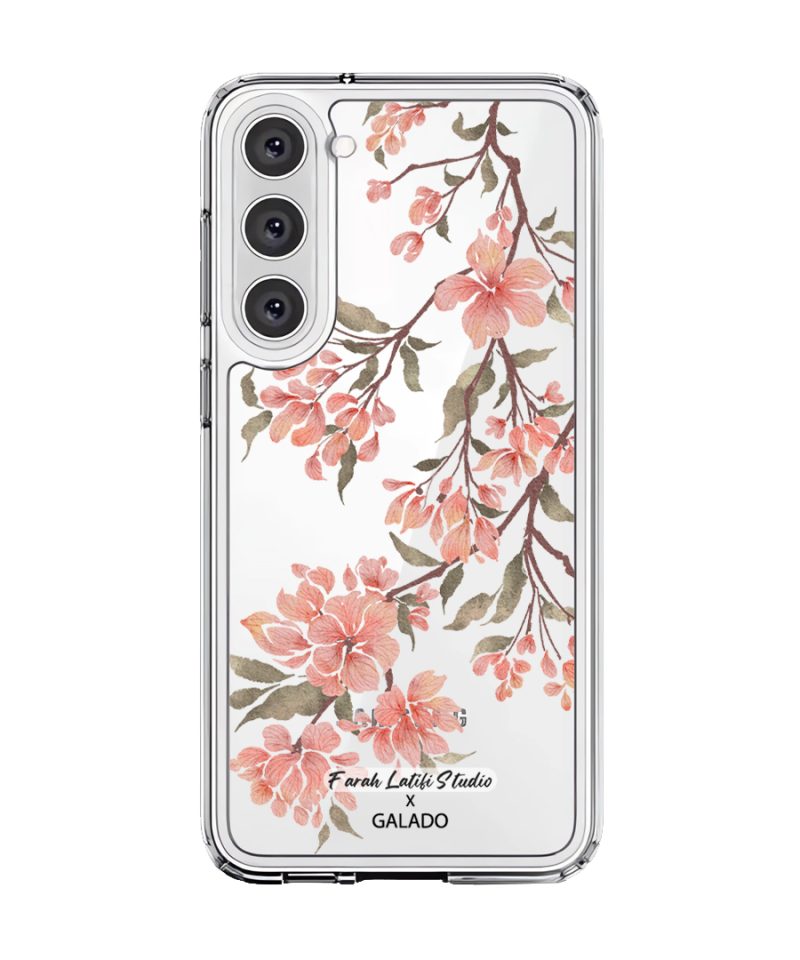 Sakura phone case by Farah Latifi Studio, pink cherry blossom branches on a clear case