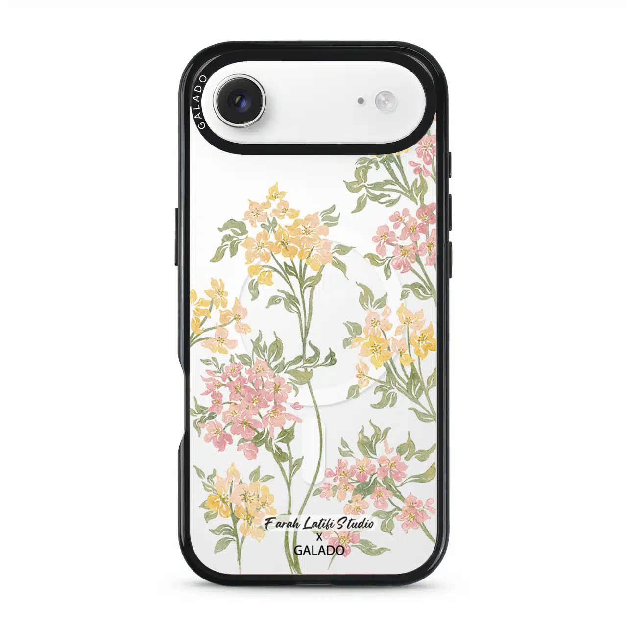 Whimsy phone case by Farah Latifi Studio, small yellow and pink wildflowers on a clear case