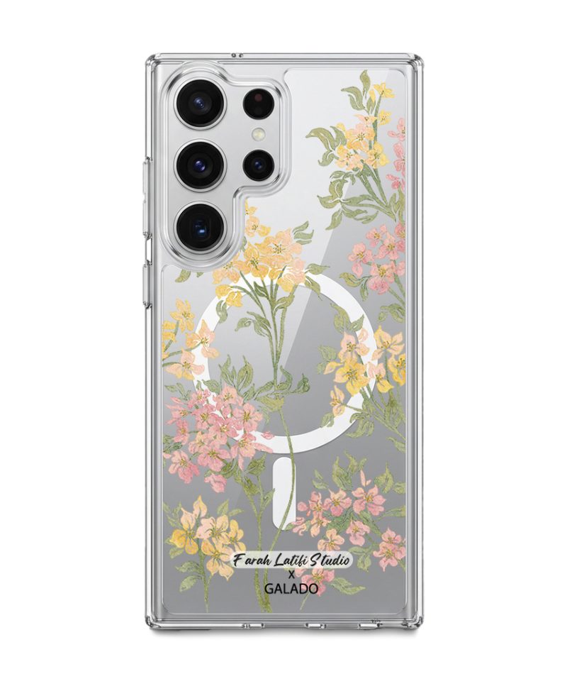 Whimsy phone case by Farah Latifi Studio, small yellow and pink wildflowers on a clear case