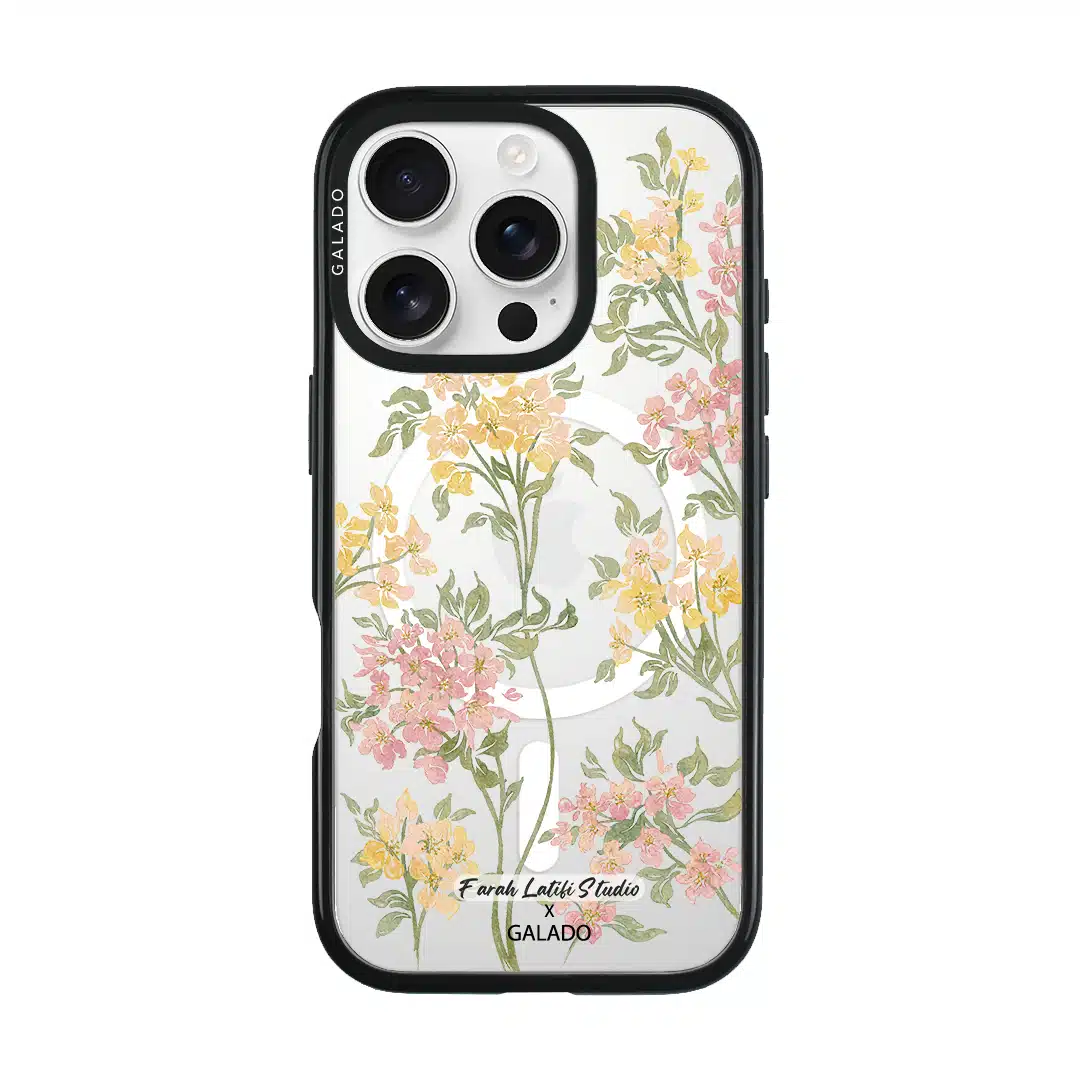 Whimsy phone case by Farah Latifi Studio, small yellow and pink wildflowers on a clear case