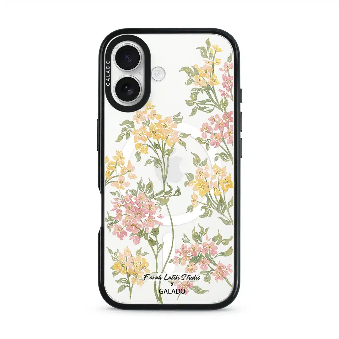 Whimsy phone case by Farah Latifi Studio, small yellow and pink wildflowers on a clear case