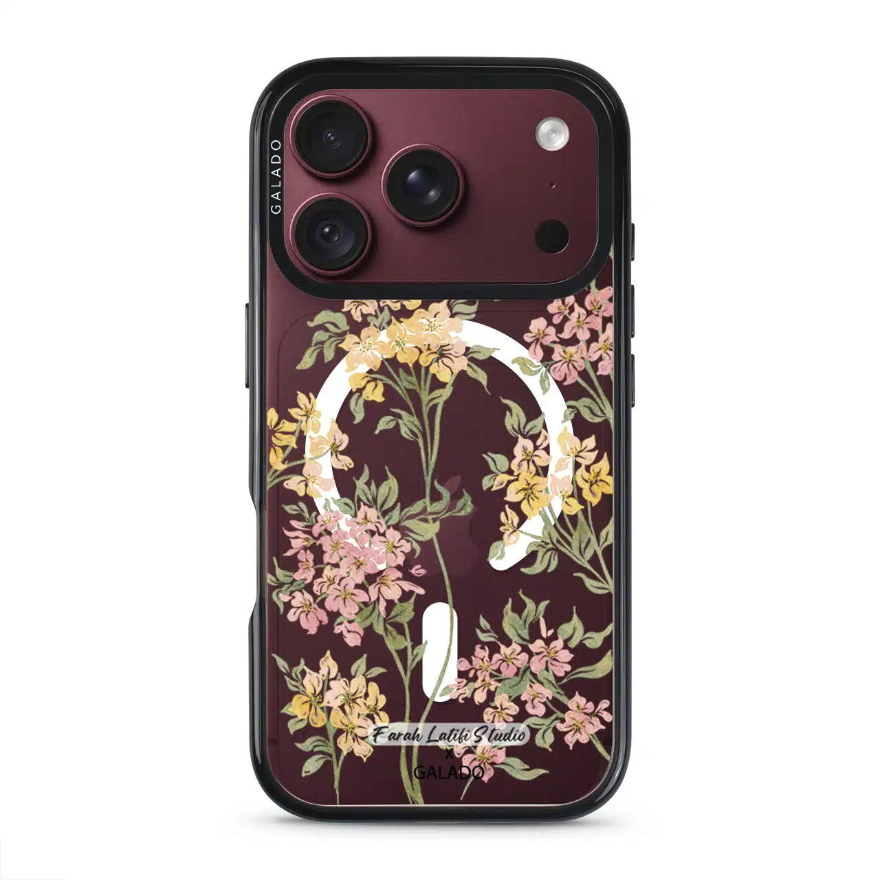 Whimsy phone case by Farah Latifi Studio, small yellow and pink wildflowers on a clear case