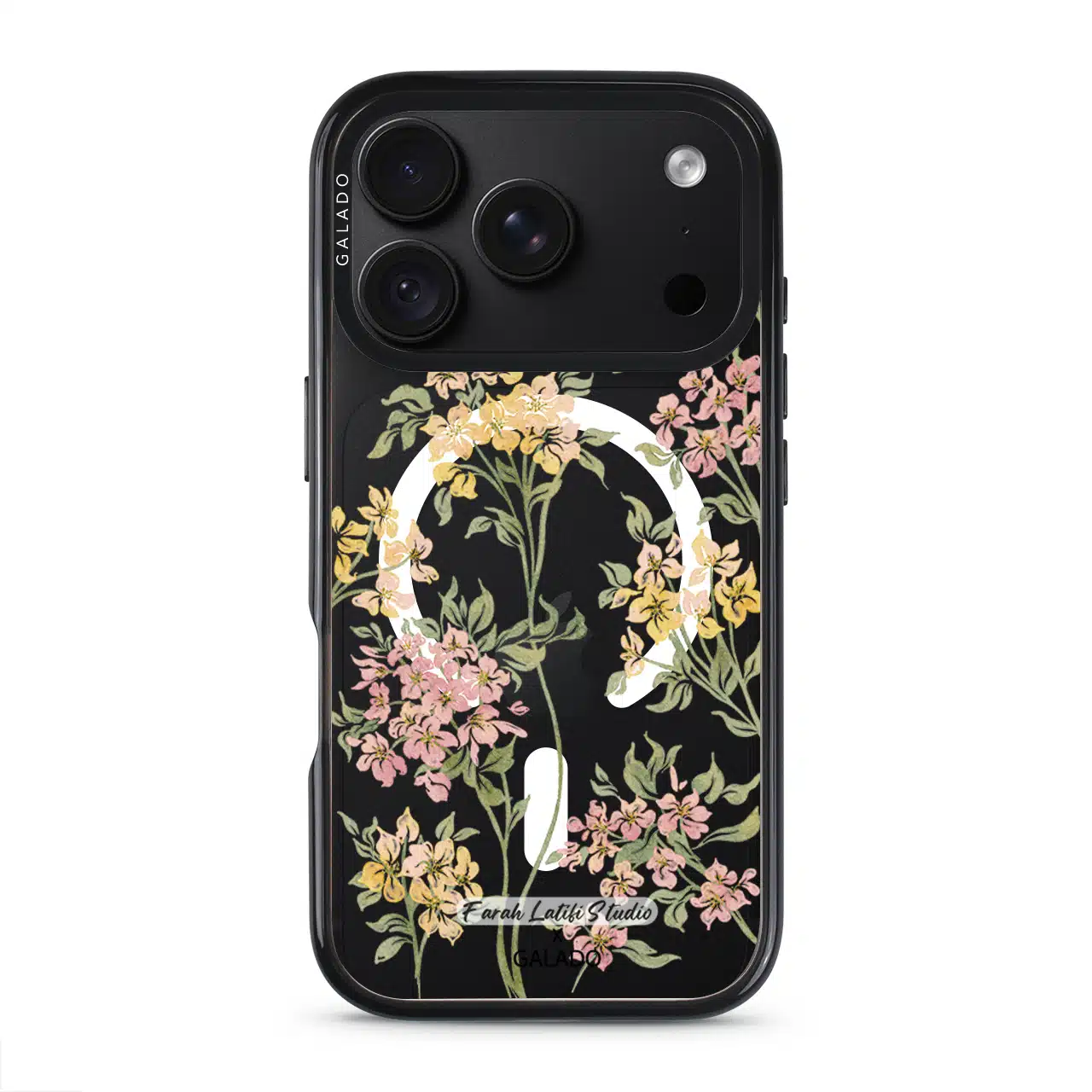 Whimsy phone case by Farah Latifi Studio, small yellow and pink wildflowers on a clear case