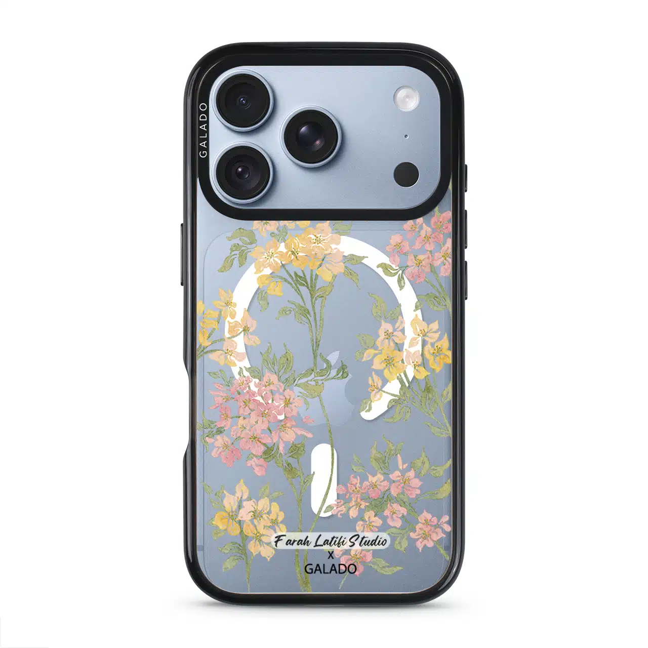 Whimsy phone case by Farah Latifi Studio, small yellow and pink wildflowers on a clear case