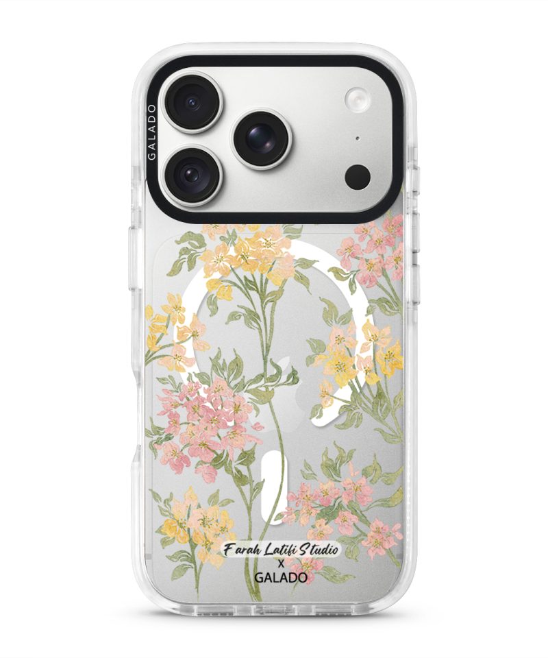 Whimsy phone case by Farah Latifi Studio, small yellow and pink wildflowers on a clear case