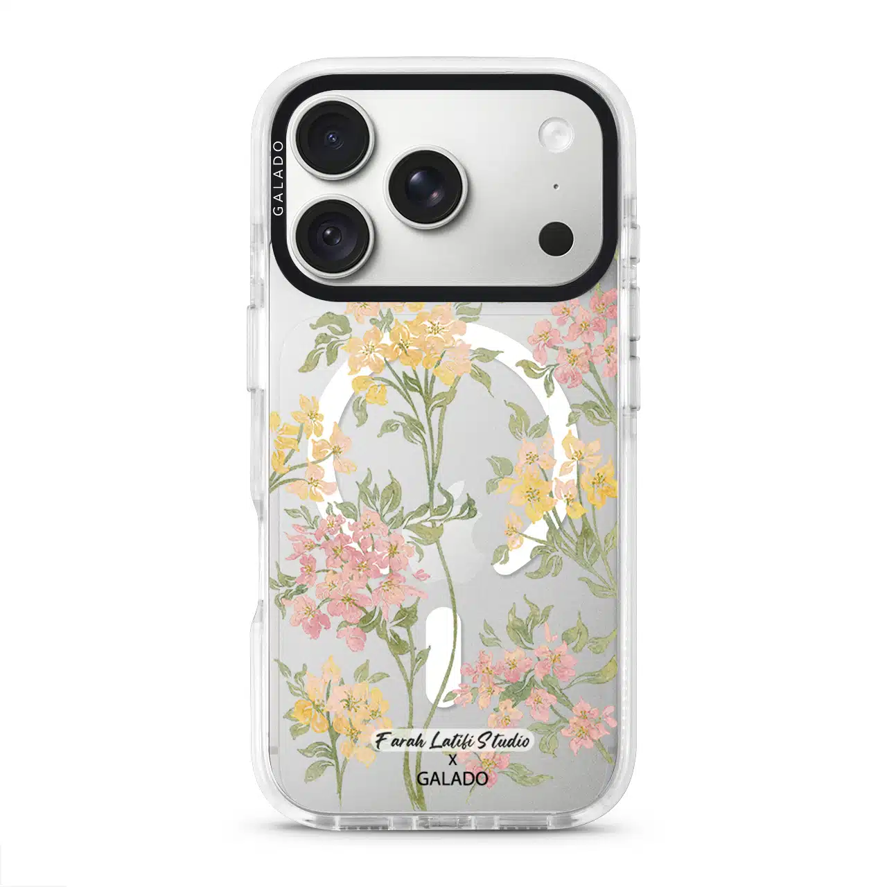 Whimsy phone case by Farah Latifi Studio, small yellow and pink wildflowers on a clear case