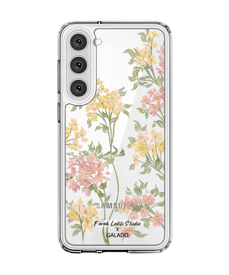 Whimsy phone case by Farah Latifi Studio, small yellow and pink wildflowers on a clear case