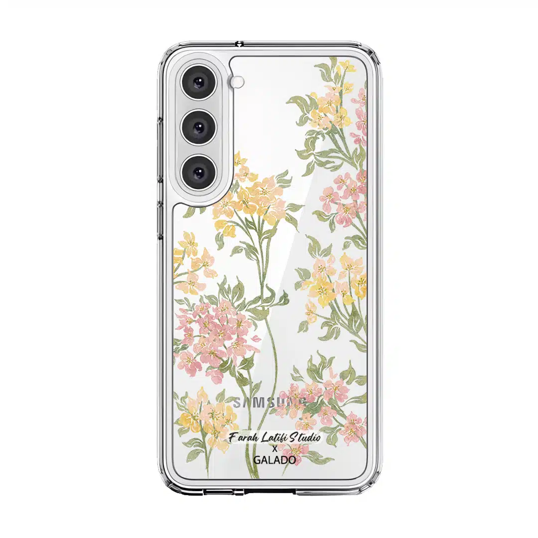 Whimsy phone case by Farah Latifi Studio, small yellow and pink wildflowers on a clear case