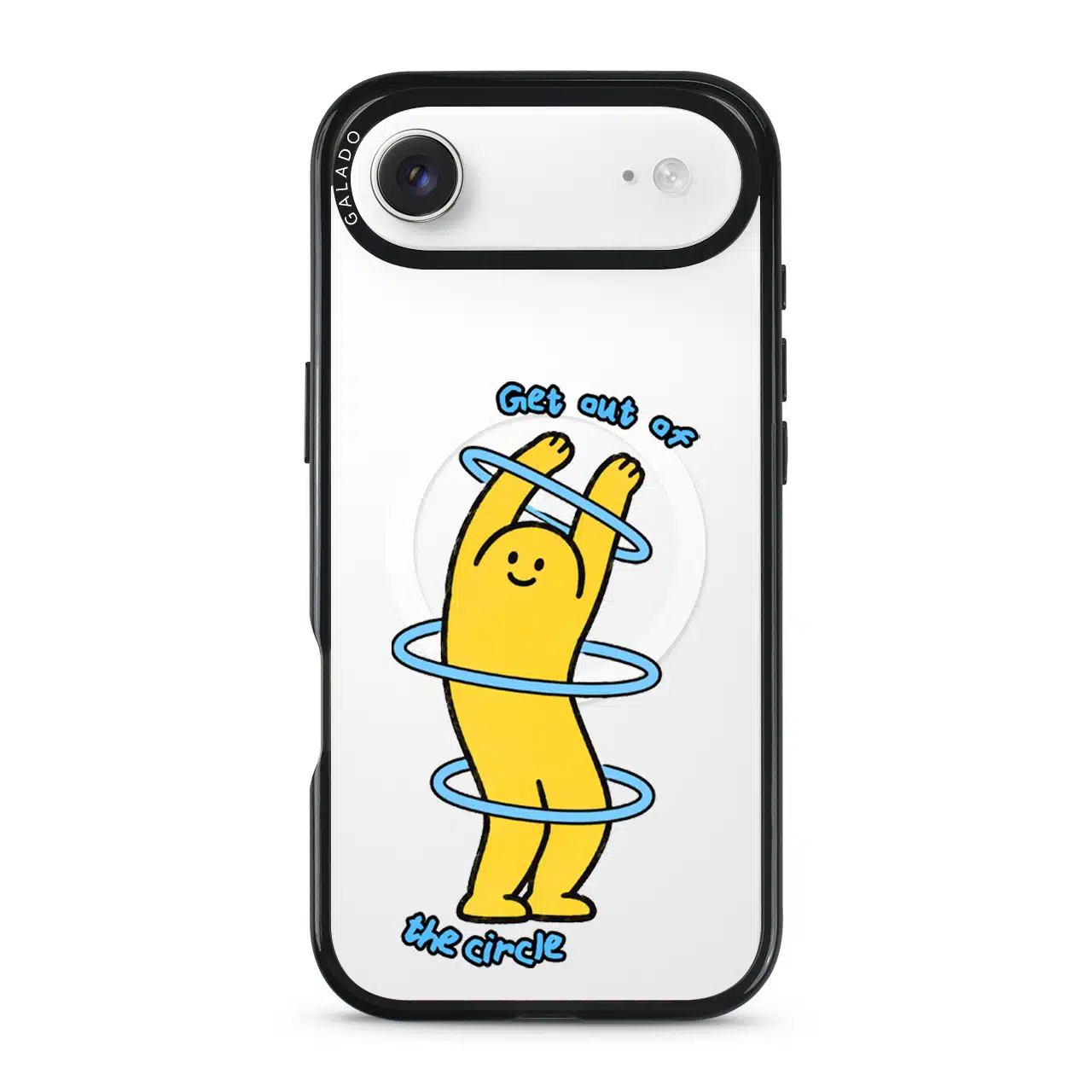 Break The Loop phone case, Kurning stretching through blue hoops with the words Get out of the circle