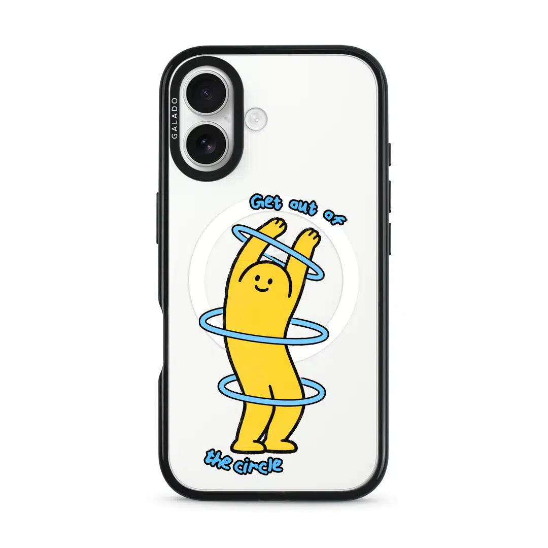 Break The Loop phone case, Kurning stretching through blue hoops with the words Get out of the circle