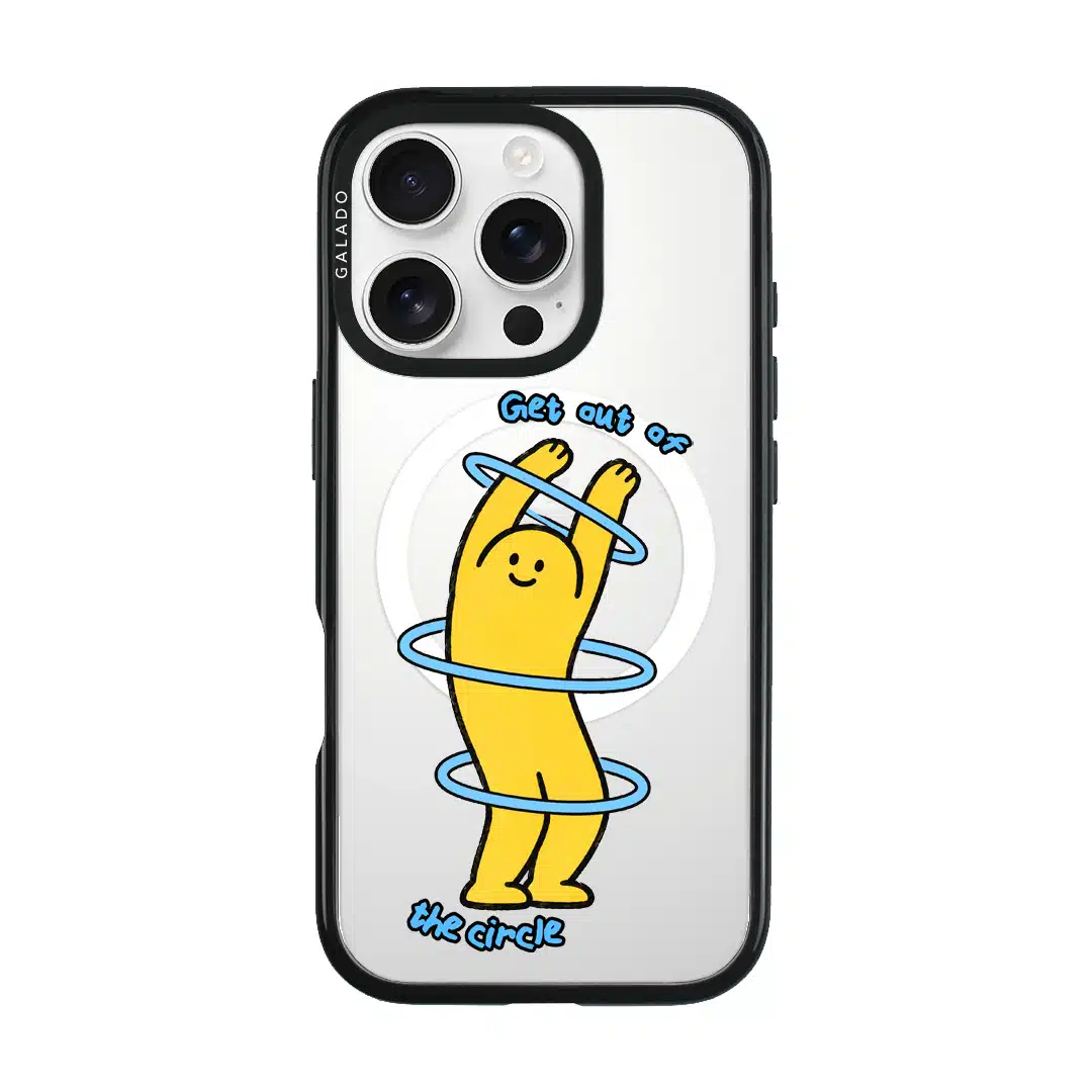 Break The Loop phone case, Kurning stretching through blue hoops with the words Get out of the circle