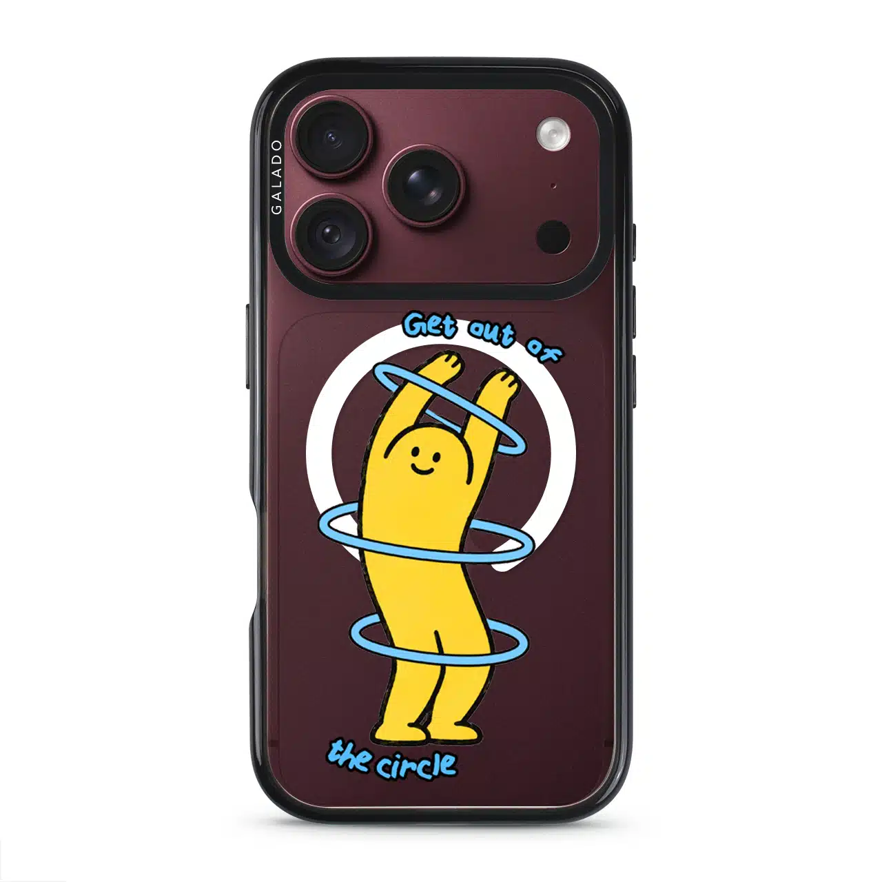 Break The Loop phone case, Kurning stretching through blue hoops with the words Get out of the circle