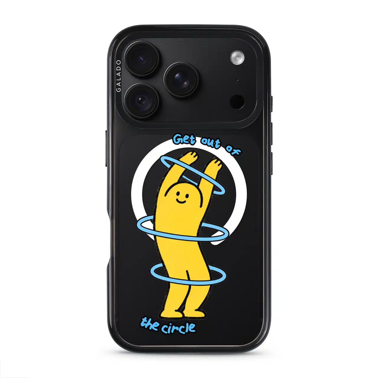 Break The Loop phone case, Kurning stretching through blue hoops with the words Get out of the circle