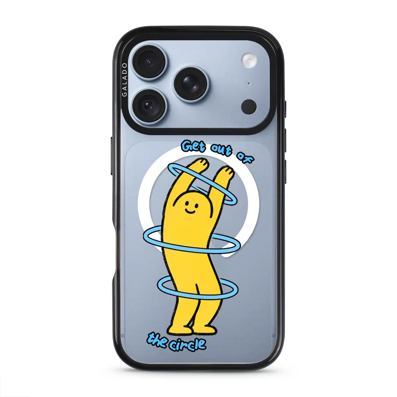 Break The Loop phone case, Kurning stretching through blue hoops with the words Get out of the circle