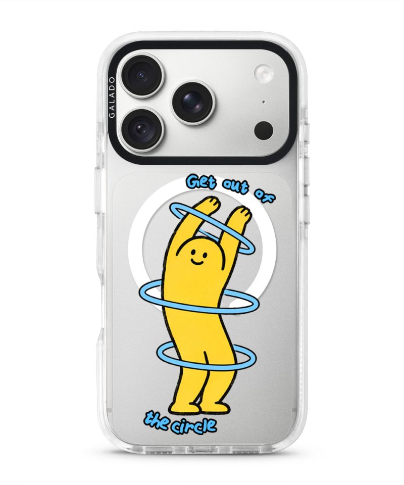Break The Loop phone case, Kurning stretching through blue hoops with the words Get out of the circle