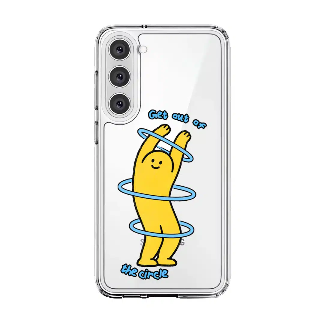 Break The Loop phone case, Kurning stretching through blue hoops with the words Get out of the circle