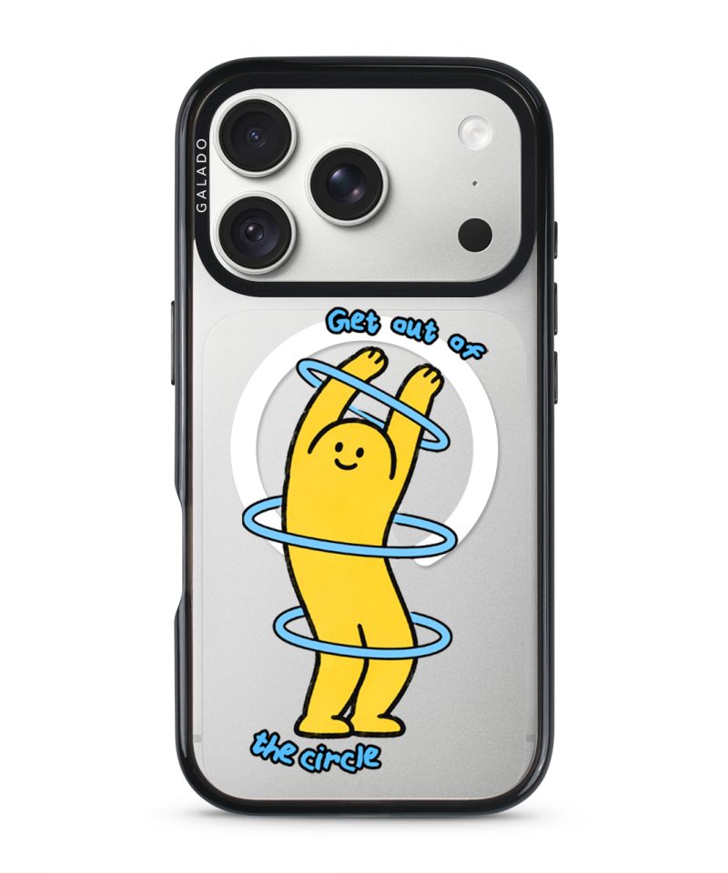 Break The Loop phone case, Kurning stretching through blue hoops with the words Get out of the circle