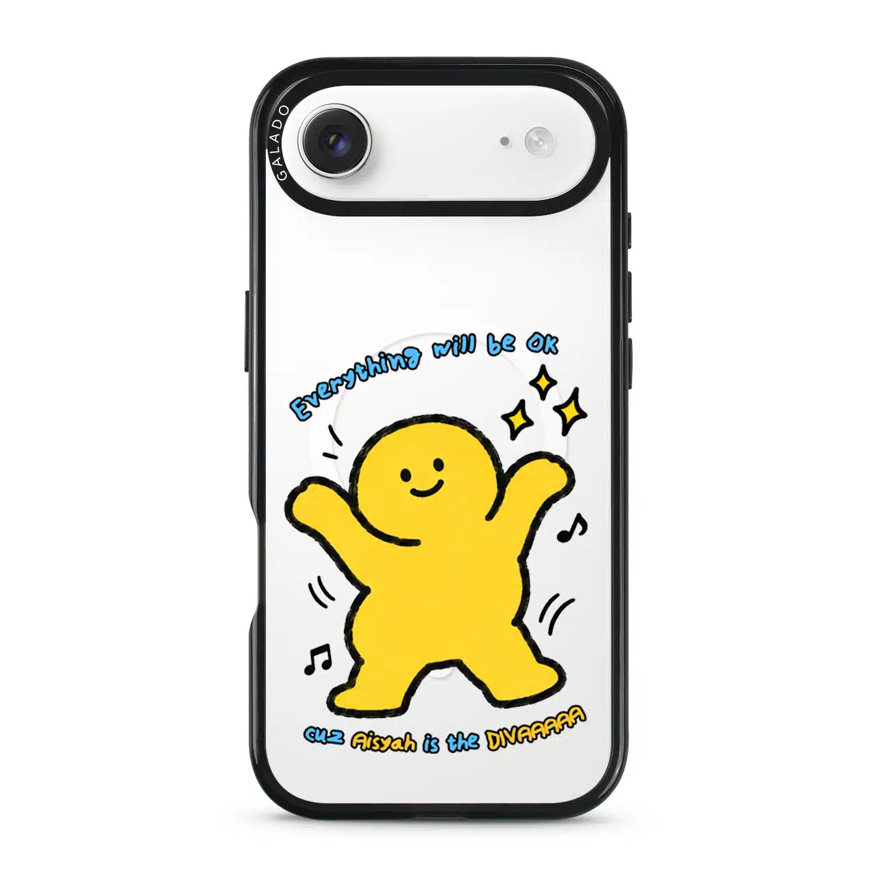 Good Mood Groove phone case, Kurning dancing under the words Everything will be OK with a custom name line