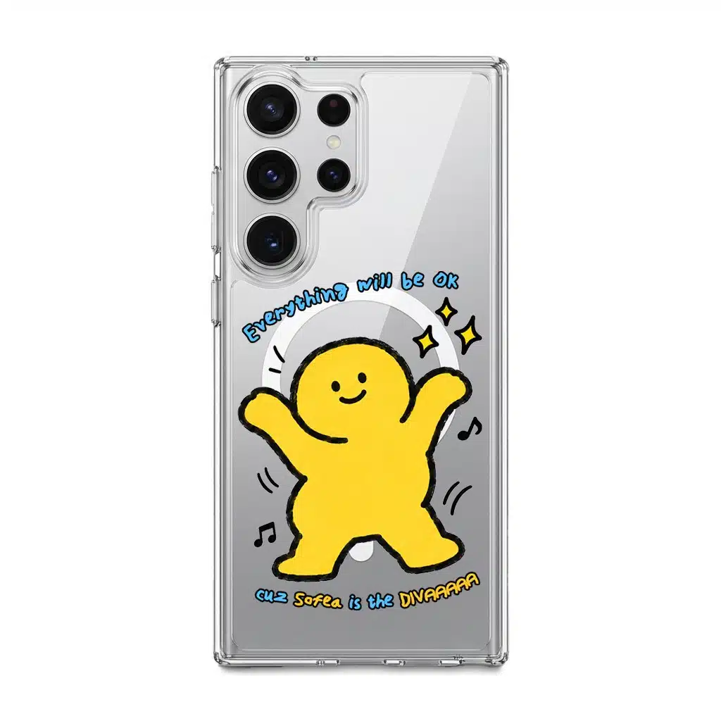 Good Mood Groove phone case, Kurning dancing under the words Everything will be OK with a custom name line
