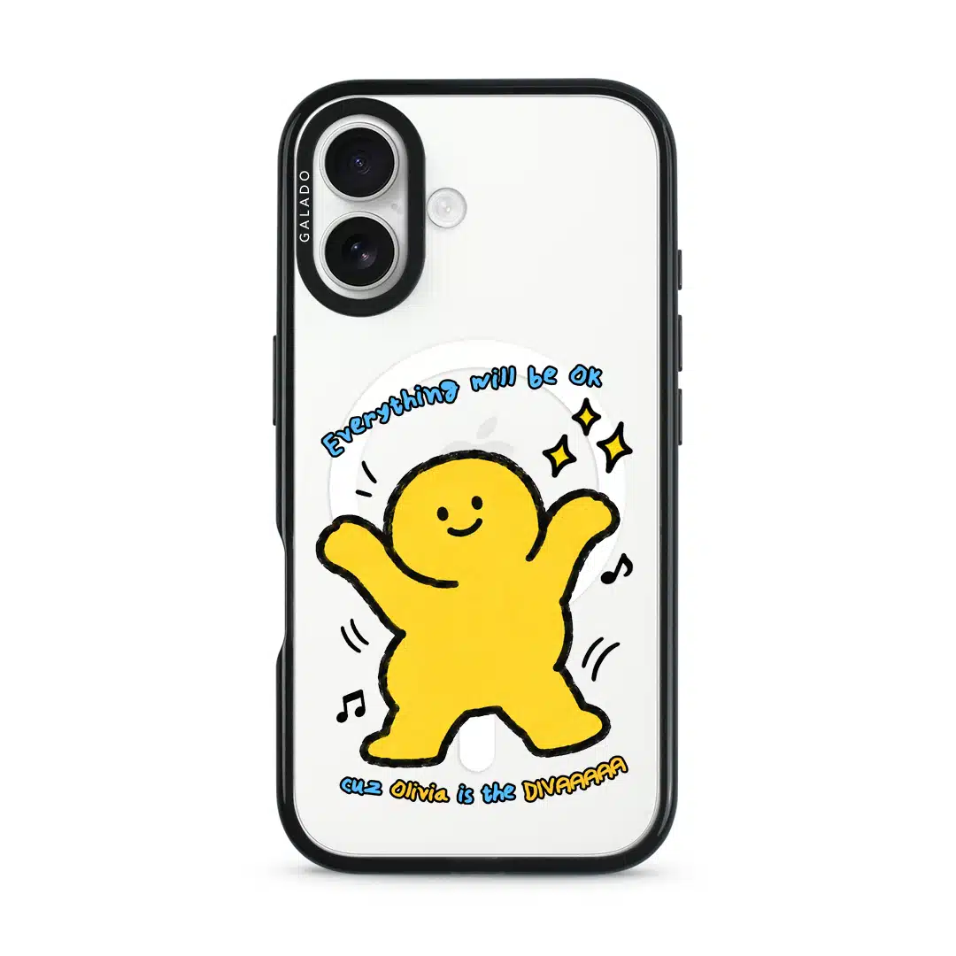 Good Mood Groove phone case, Kurning dancing under the words Everything will be OK with a custom name line