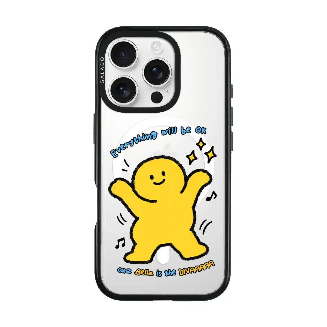 Good Mood Groove phone case, Kurning dancing under the words Everything will be OK with a custom name line