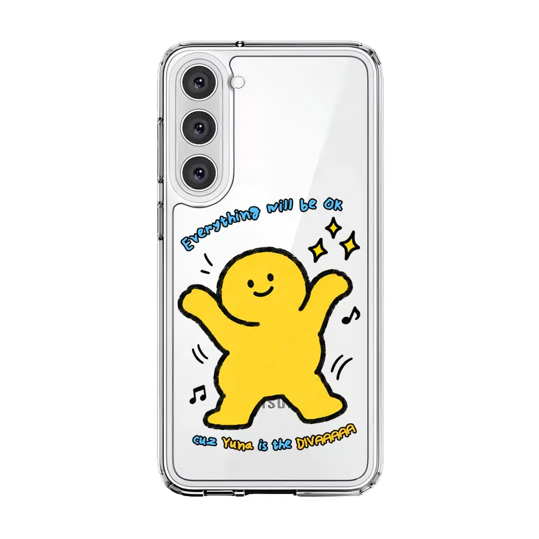 Good Mood Groove phone case, Kurning dancing under the words Everything will be OK with a custom name line