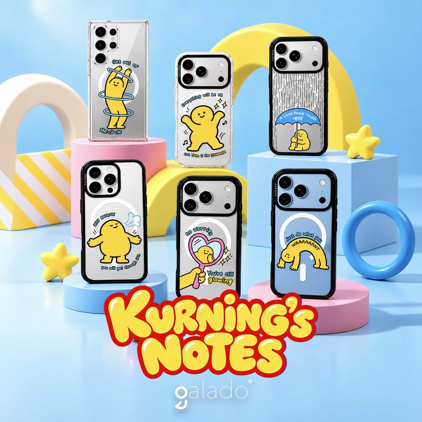 Six Kurning's Notes phone cases from the GALADO collection on a sky-blue set