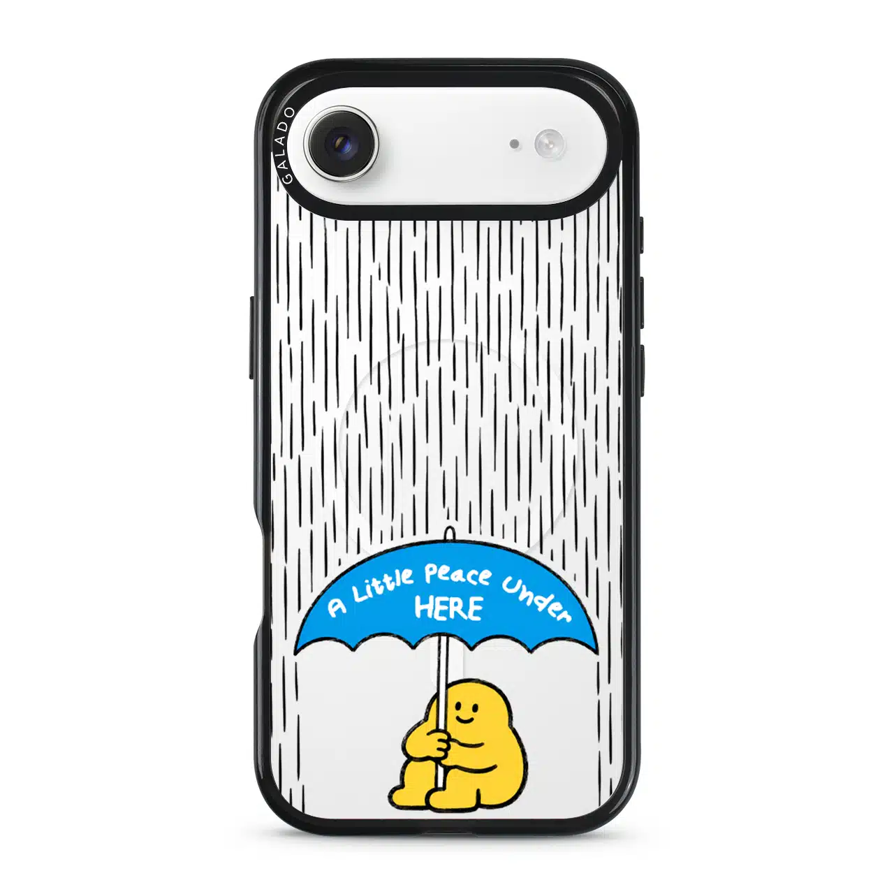My Little Peace phone case, Kurning under a blue umbrella in the rain reading A little peace under here